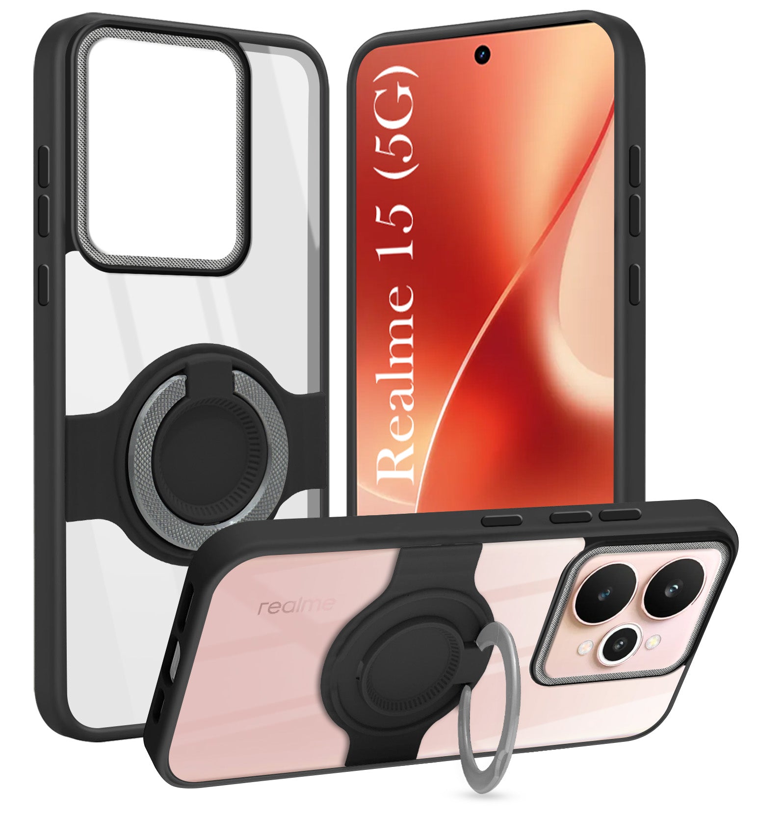 For Realme 15 Back Cover Case with stand (Built-in Ring Holder Kickstand | Lifetime Anti Yellow | Camera Protection)