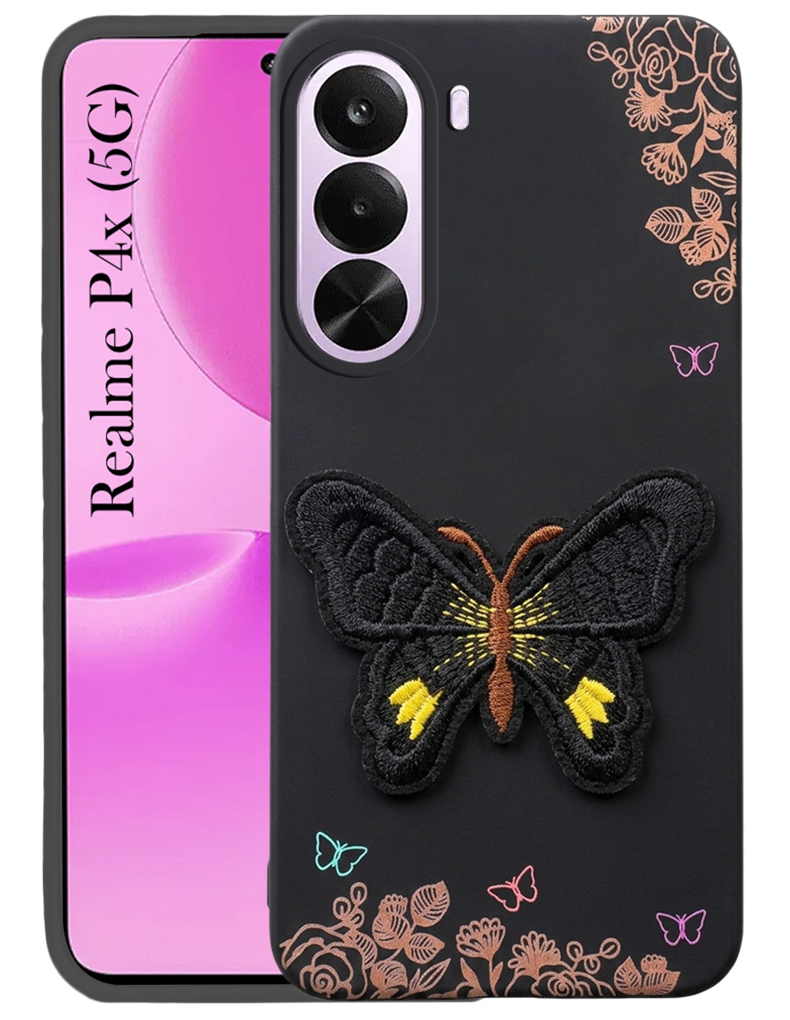 For Realme P4x Back Cover Case (Soft Butterfly Embroidery | Women Teen Girls | Camera Protection| Matte Silicone)