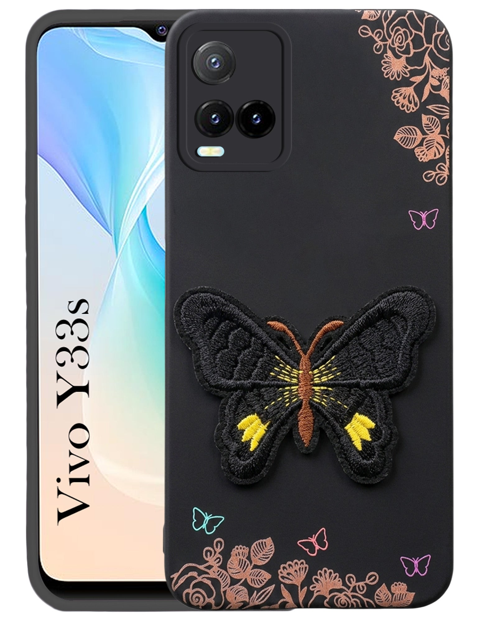 For Vivo Y33s Back Cover Case (Soft Butterfly Embroidery | Women Teen Girls | Camera Protection| Matte Silicone)