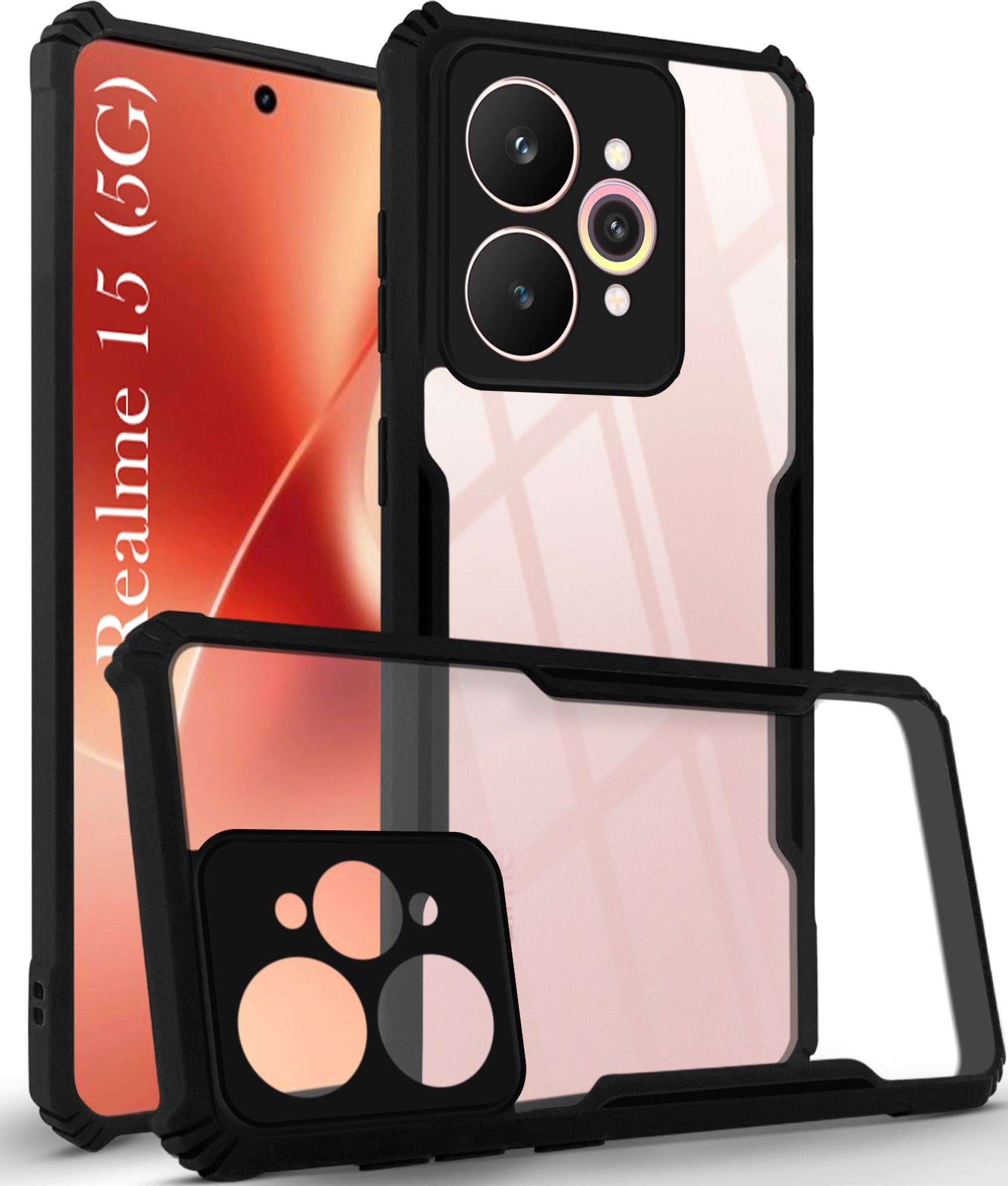 For Realme 15 Back Cover Case Hybrid (Shockproof with Polycarbonate Clear Panel | Professional Black)