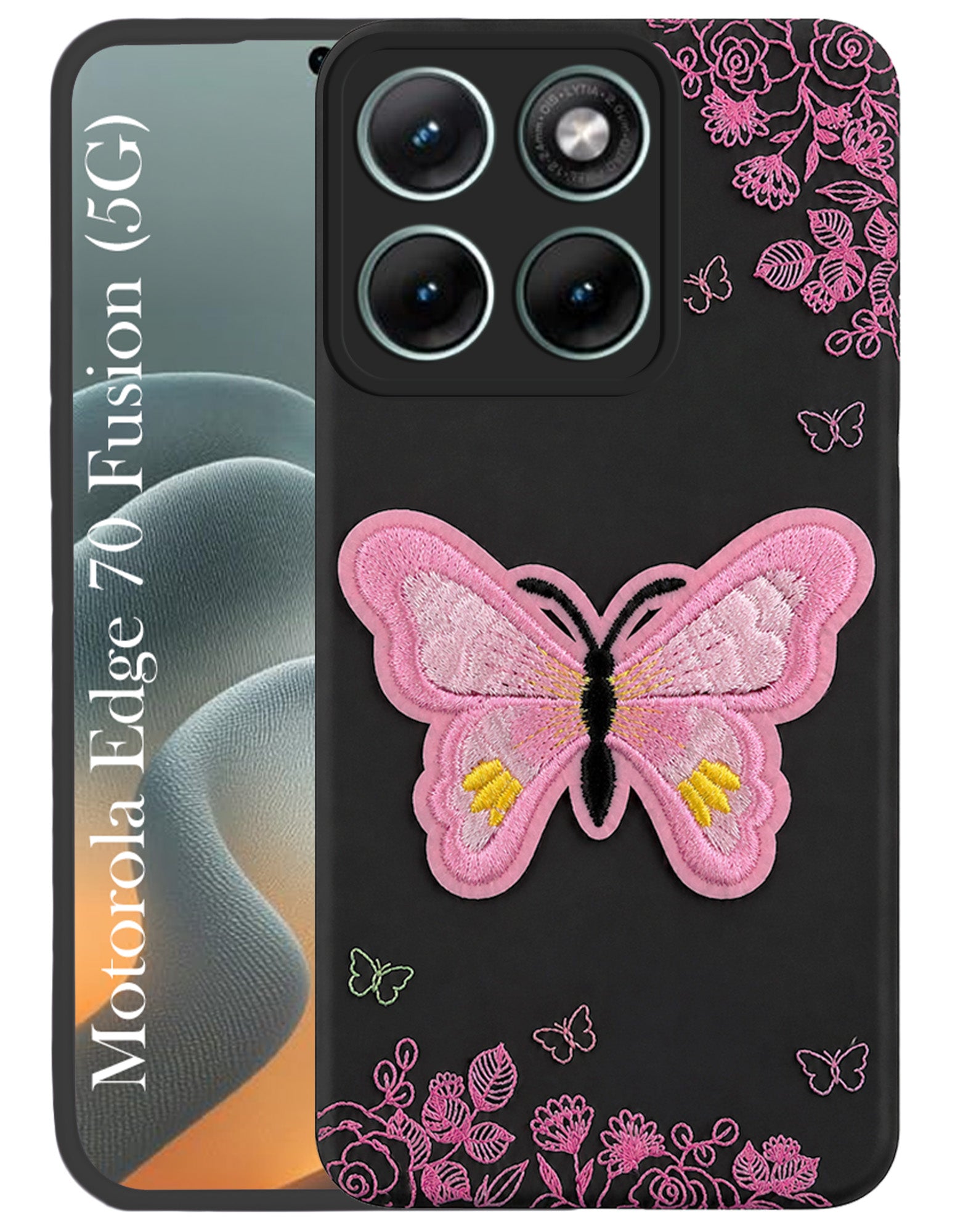 For Motorola Moto Edge 70 Fusion Back Cover Case (Soft Butterfly Embroidery | Women Teen Girls | Camera Protection| Matte Silicone)