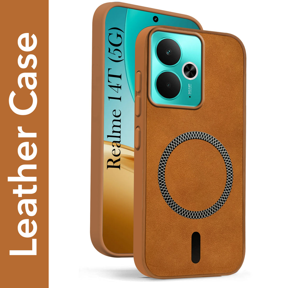For Realme 14T Back Cover Case Leather Finish (MagSafe Compatible Wireless Charging | Soft Touch | Camera Bump Protection)
