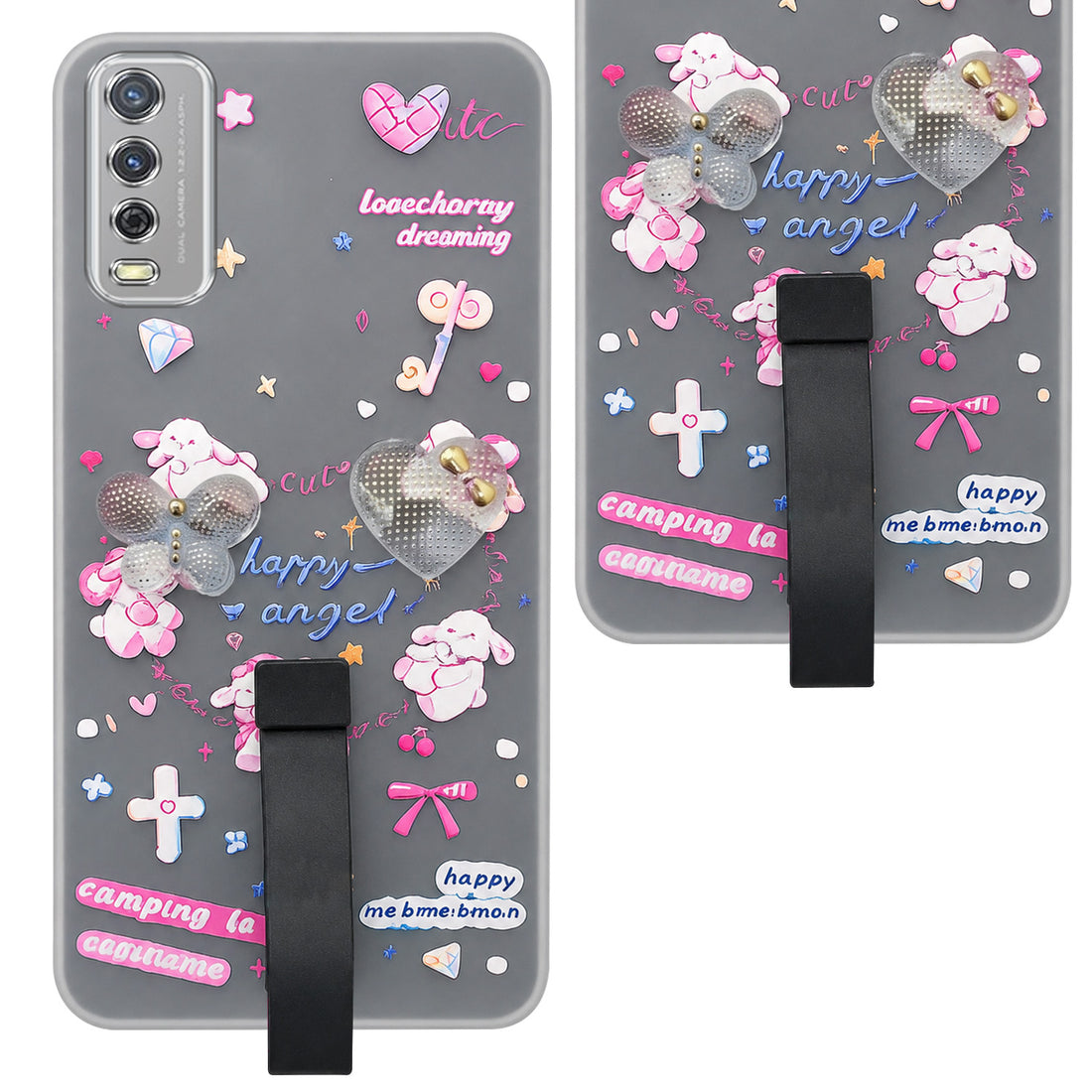 For Vivo Y12s | Y11s | Y12G Back Cover Case (3D Cute Heart Strap Holder | Camera Protection | Designer Girls Print)