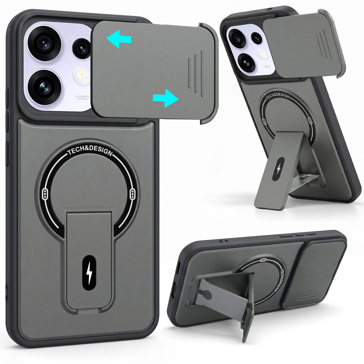 For Oppo Reno 16 Power Back Case Cover Metallic (Hybrid Armor Kickstand | Sliding Shutter Camera Protection | MagSafe Compatible)