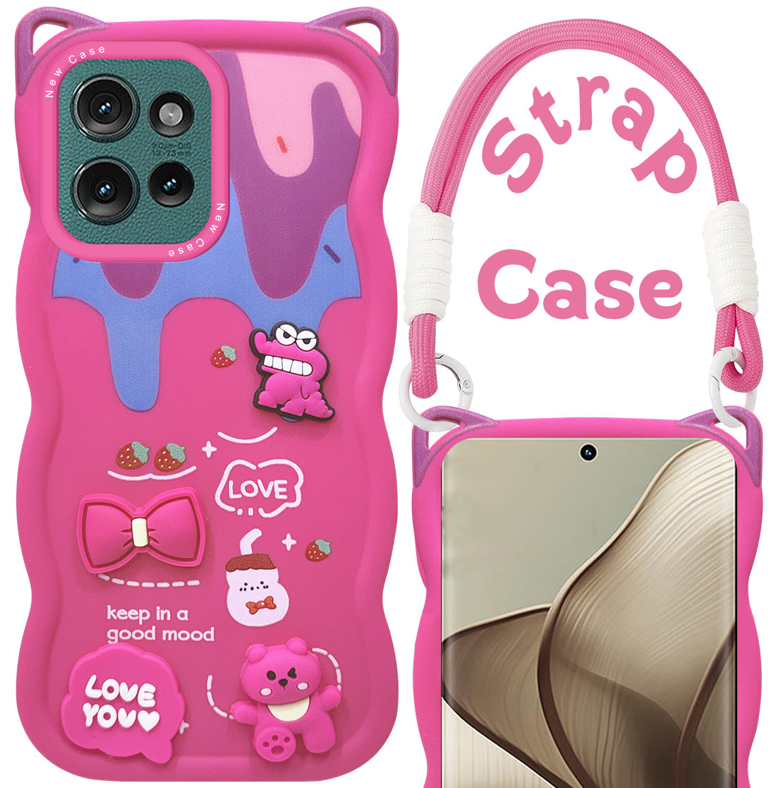 For Motorola Moto Edge 50 5G Back Case Cover Strap (3D embossed Figures | Strap Holder | 360* Soft Cushion with Camera Bump)