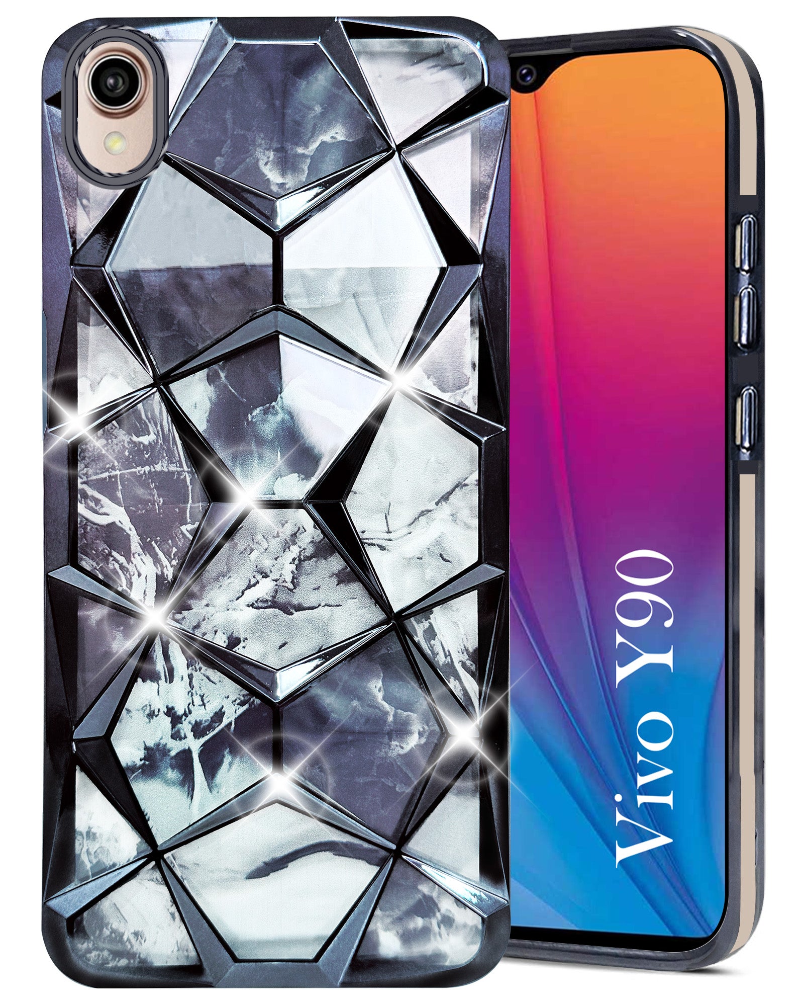For Vivo Y90 Back Cover Case (Dual Design Glitter Sparkle and Detachable Diamond Print Case | Soft and Flexible)