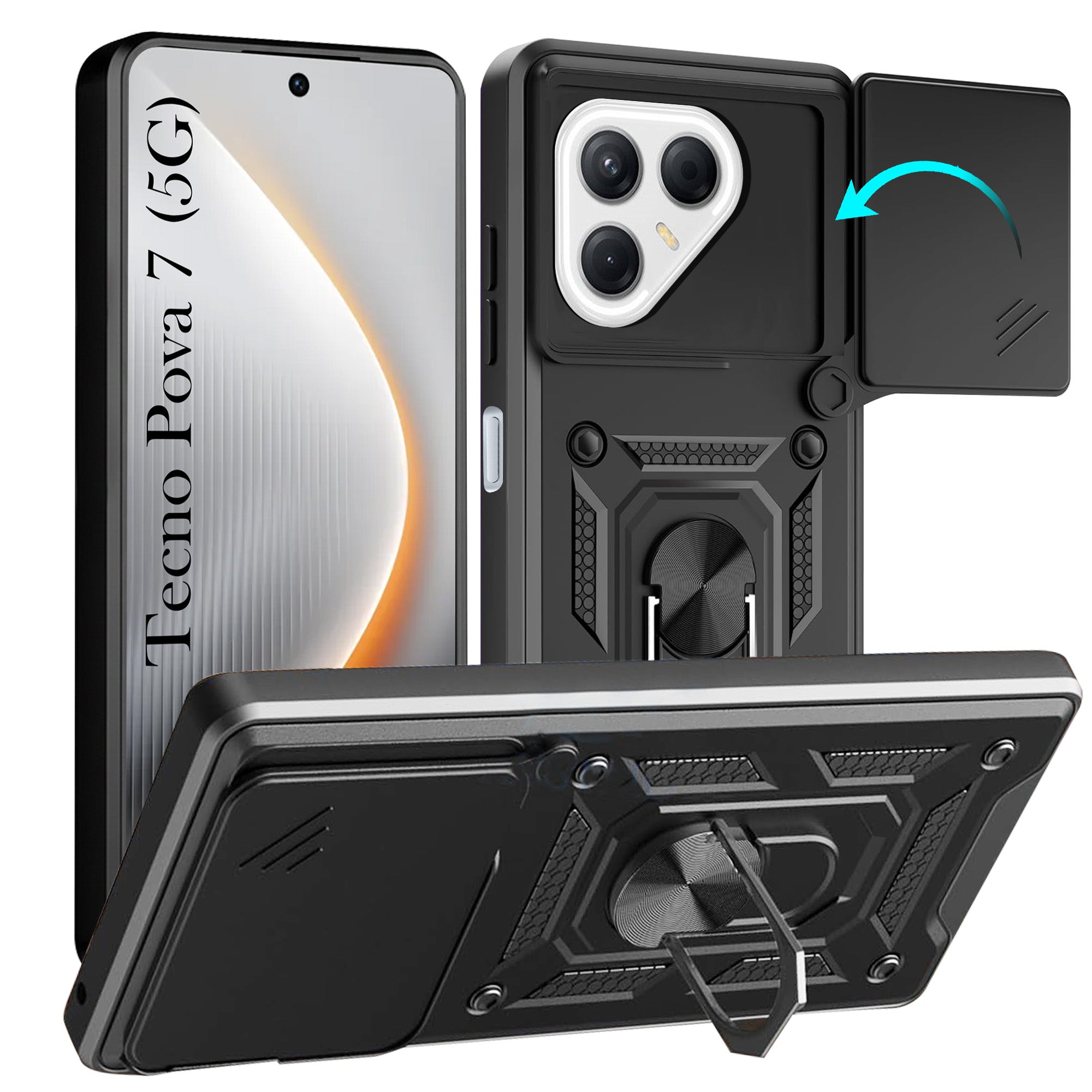 For Tecno Pova 7 5G Back Cover Case Hybrid Armor (Sliding Shutter Camera Protection | Polycarbonate |Ring Holder Kickstand)