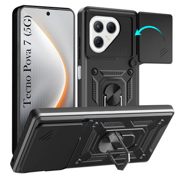 For Tecno Pova 7 5G Back Cover Case Hybrid Armor (Sliding Shutter Camera Protection | Polycarbonate |Ring Holder Kickstand)