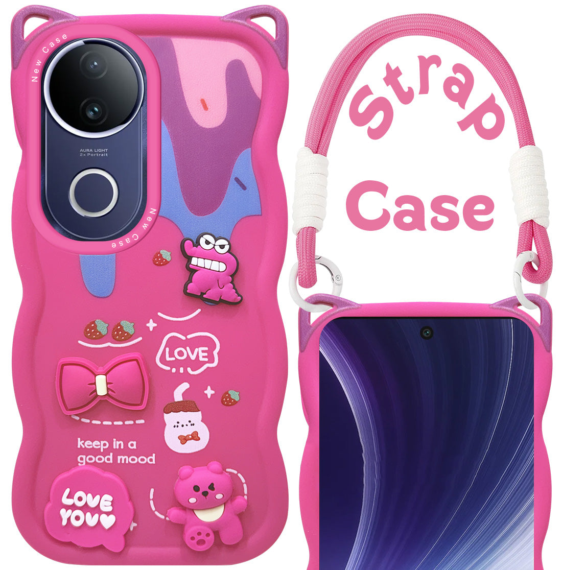 For Vivo T4R Back Case Cover Strap (3D embossed Figures | Strap Holder | 360* Soft Cushion with Camera Bump)