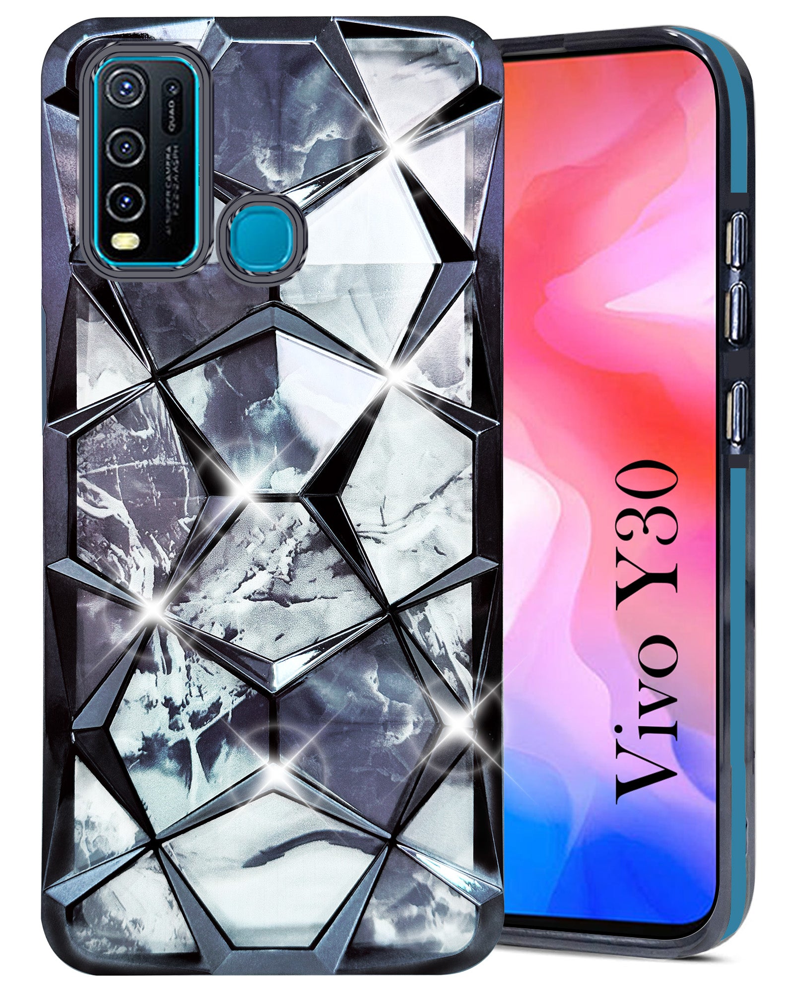 For Vivo Y30 Back Cover Case Compatible With ( Dual Design Glitter Sparkle and Detachable Diamond Print Case | Soft and Flexible)