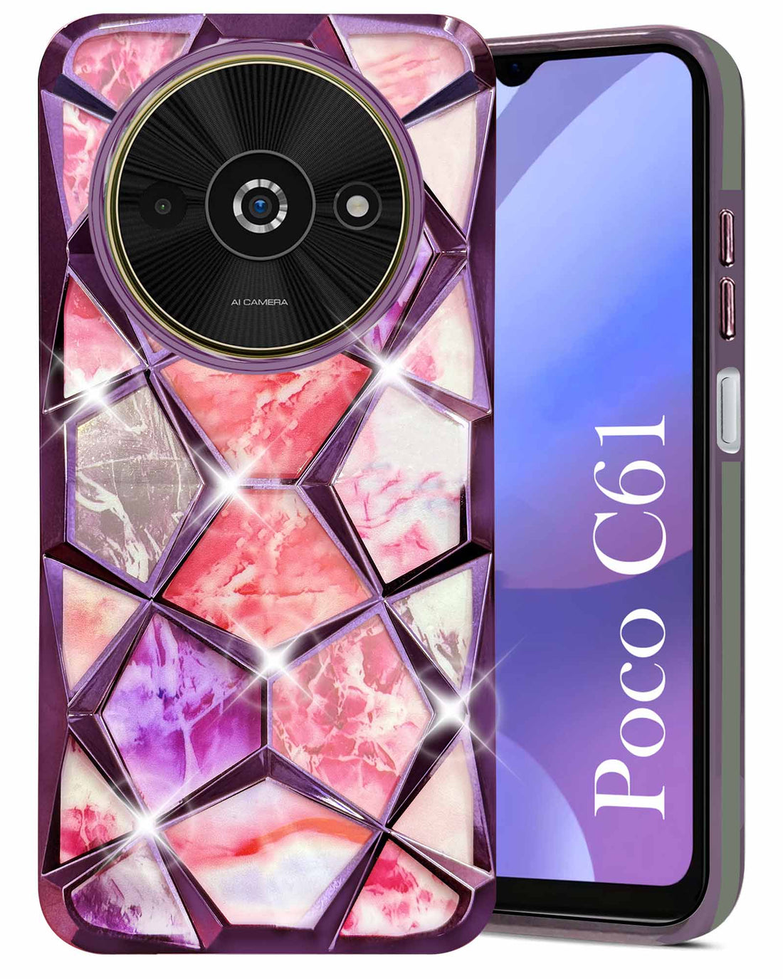 For Xiaomi Poco C61 Back Cover Case ( Dual Design Glitter Sparkle and Detachable Diamond Print Case | Soft and Flexible)