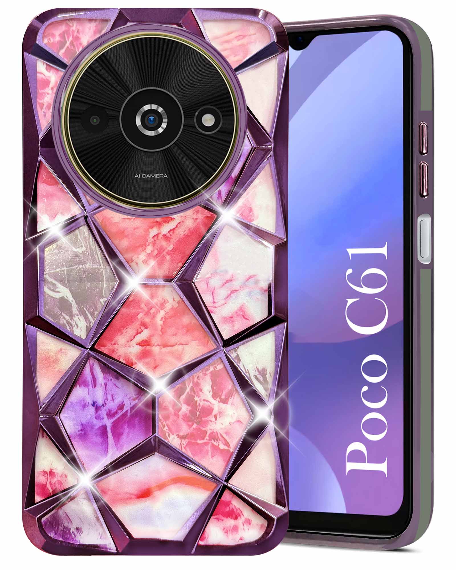 For Xiaomi Poco C61 Back Cover Case ( Dual Design Glitter Sparkle and Detachable Diamond Print Case | Soft and Flexible)