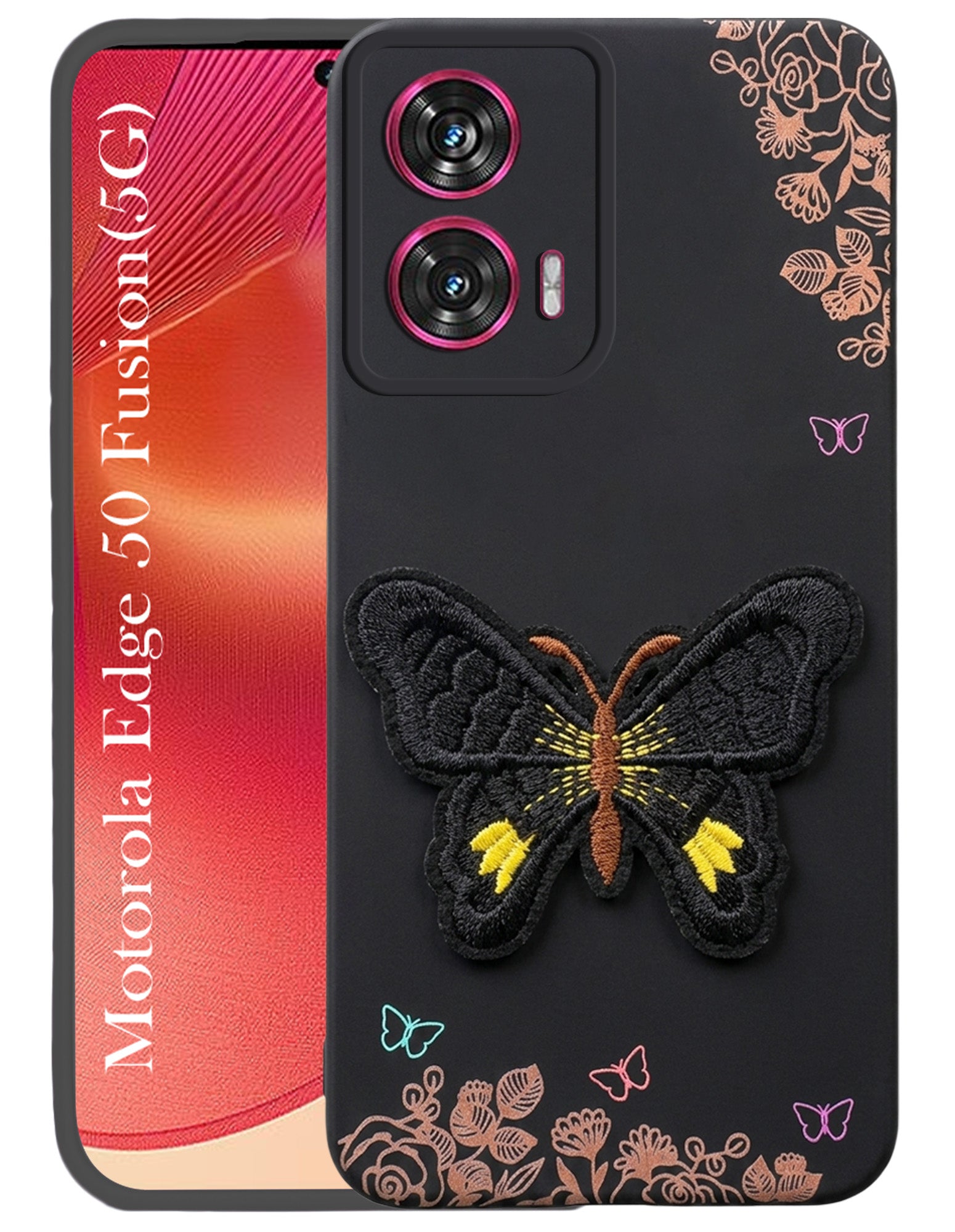For Motorola Moto Edge 50 Fusion Back Cover Case (Soft Butterfly Embroidery | Women Teen Girls | Camera Protection| Matte Silicone)