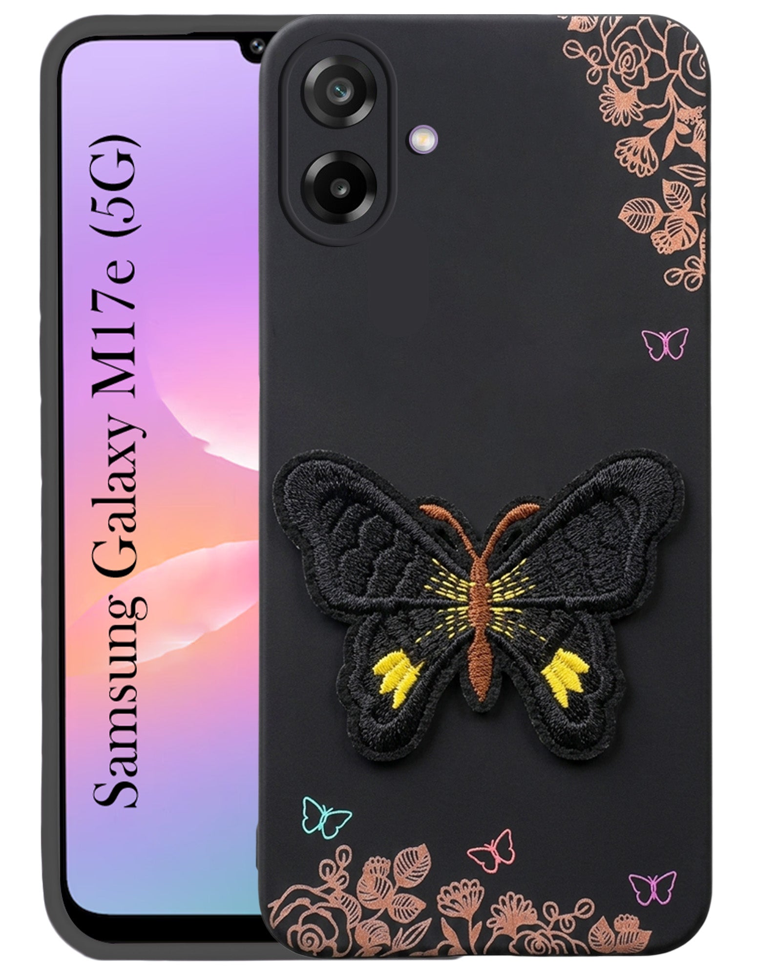 For Samsung Galaxy M17e Back Cover Case (Soft Butterfly Embroidery | Women Teen Girls | Camera Protection| Matte Silicone)