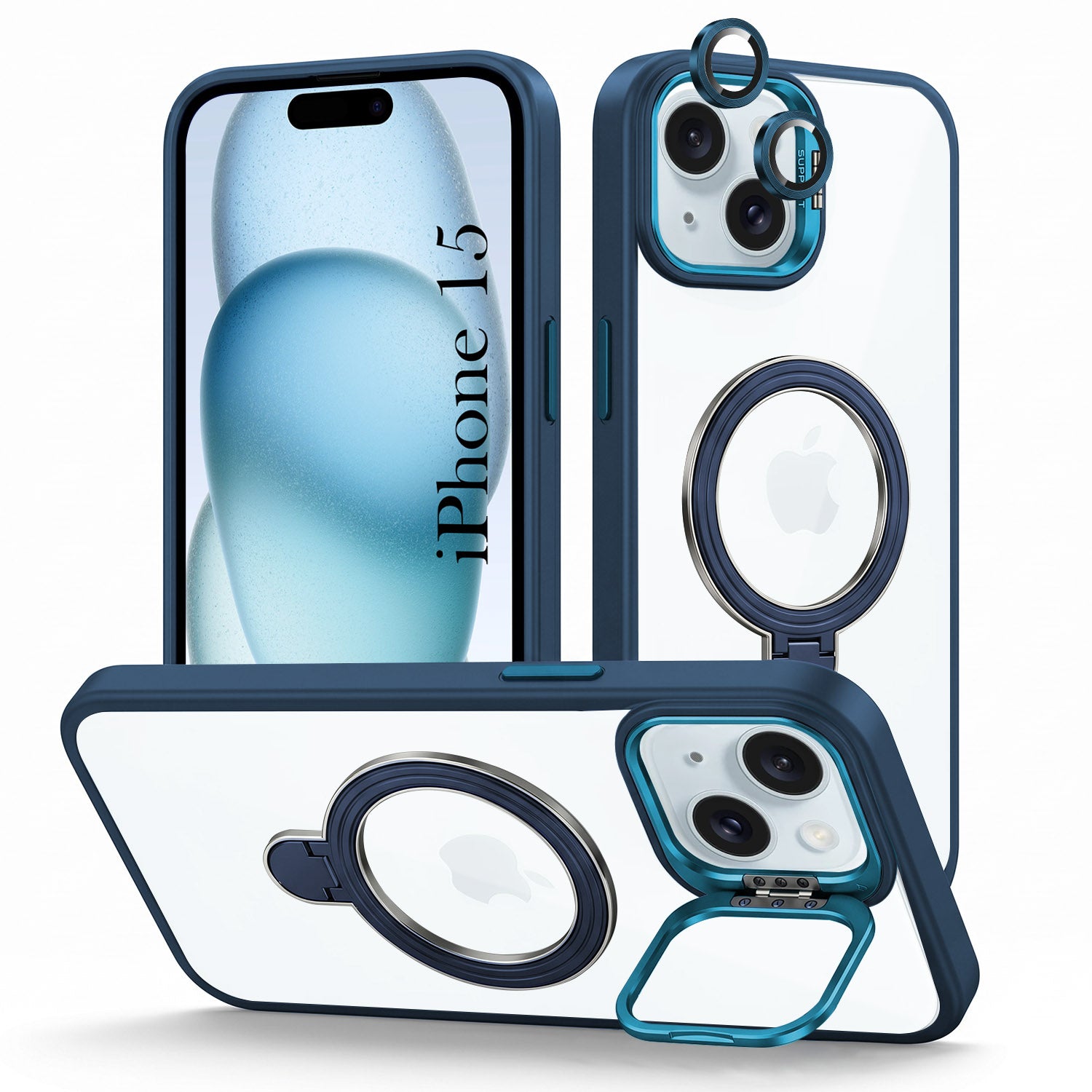 For Apple iPhone 15 Back Cover Case Crystal (Lifetime Anti Yellow | Magnetic Ring Stand | Camera Lens Protection | MagSafe Compatible)