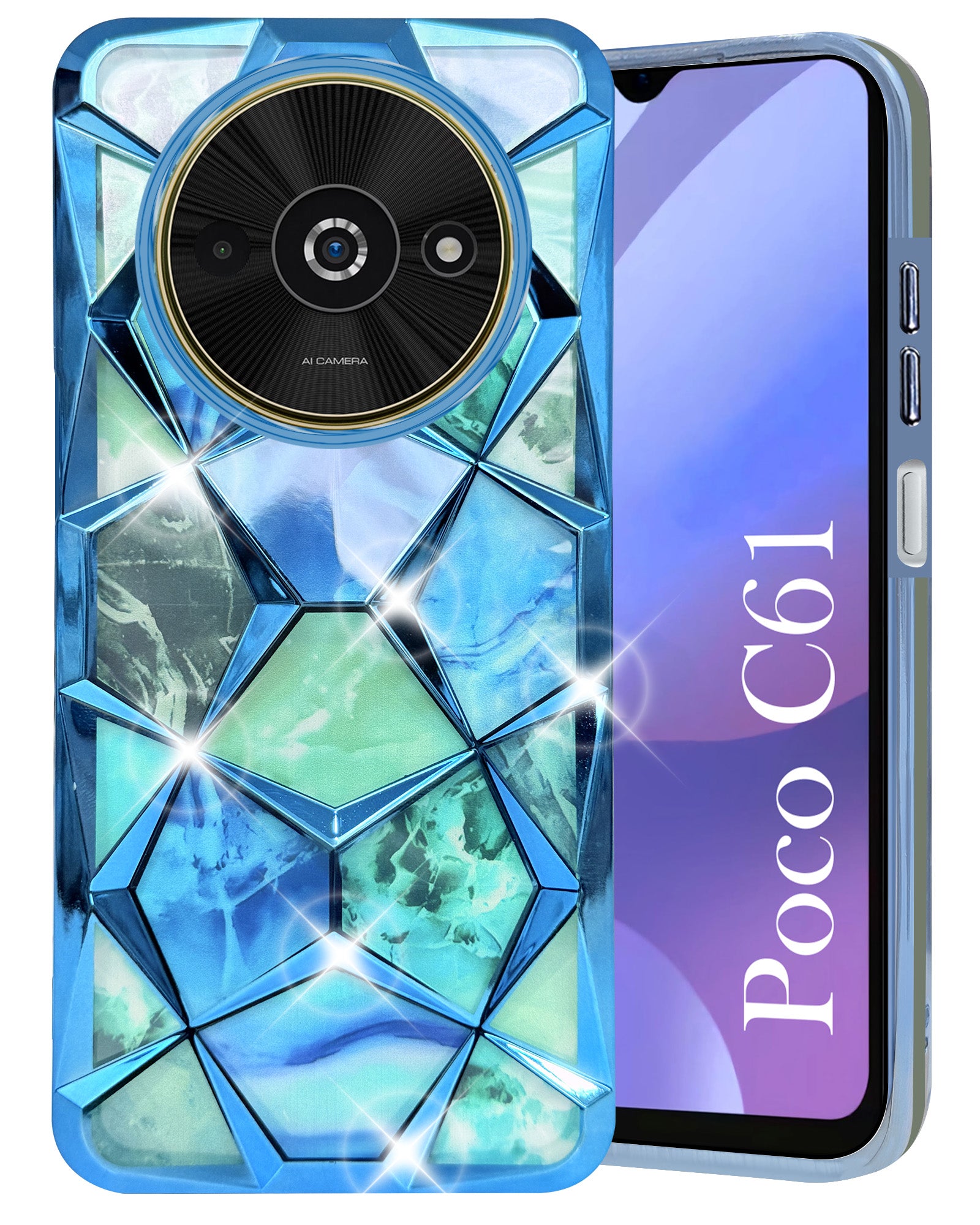 For Xiaomi Poco C61 Back Cover Case ( Dual Design Glitter Sparkle and Detachable Diamond Print Case | Soft and Flexible)