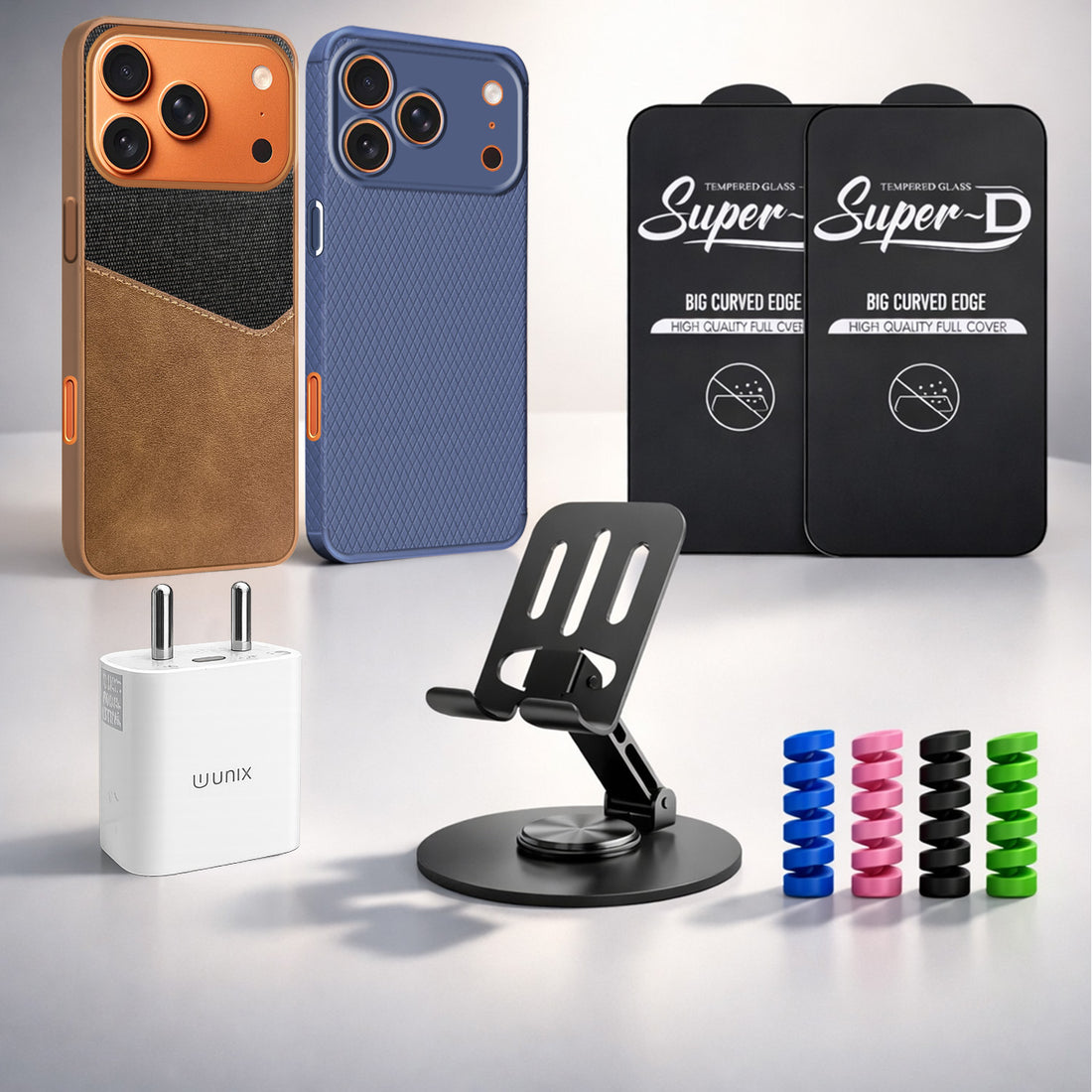 Complete Mobile Care Kit (Get Any 2 Cases+2 Tempered Glass+25W Charger Adapter+Metallic Mobile Stand+Cable Protector)