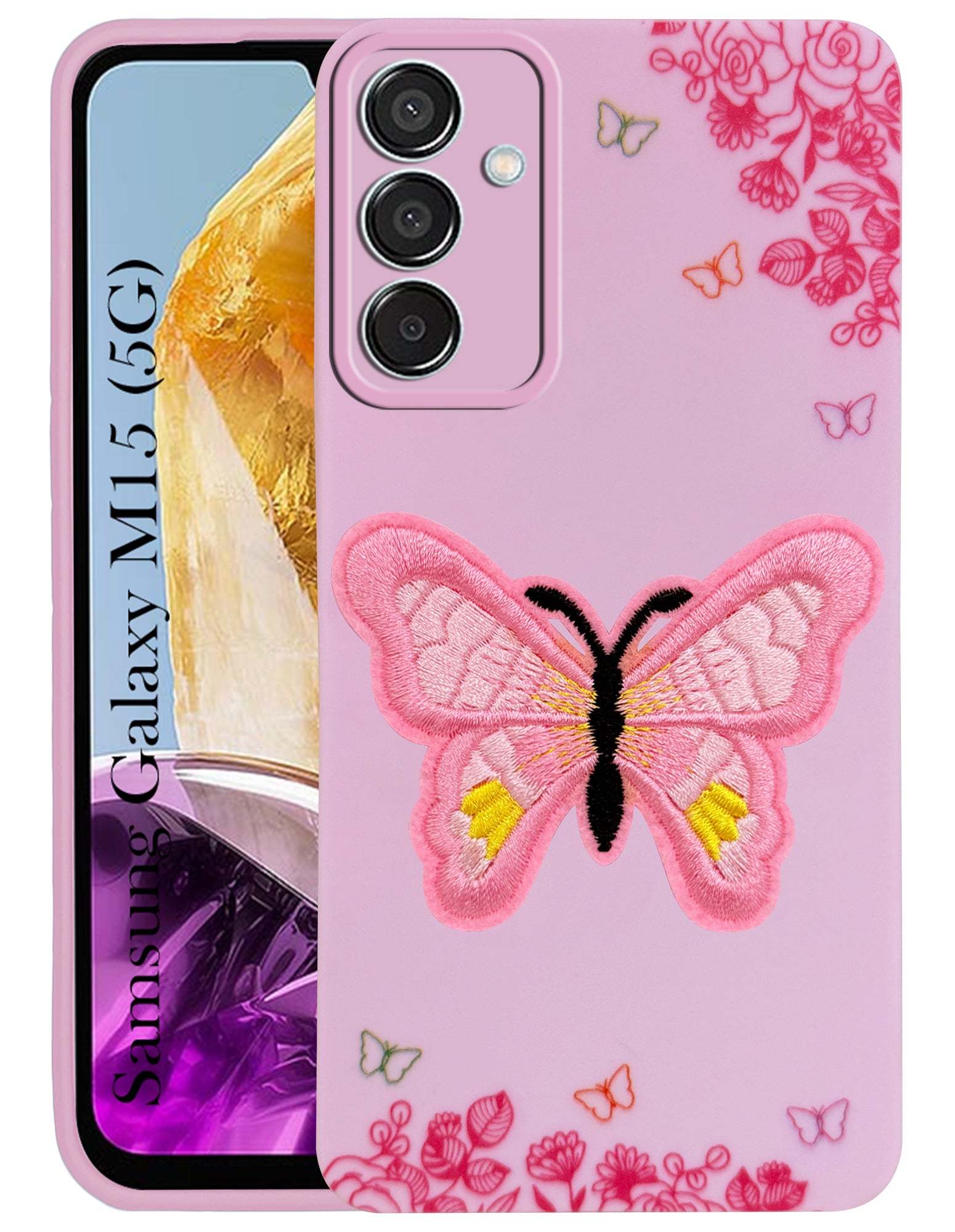 For Samsung Galaxy M15 5G Back Cover Case (Soft Butterfly Embroidery | Women Teen Girls | Camera Protection| Matte Silicone)