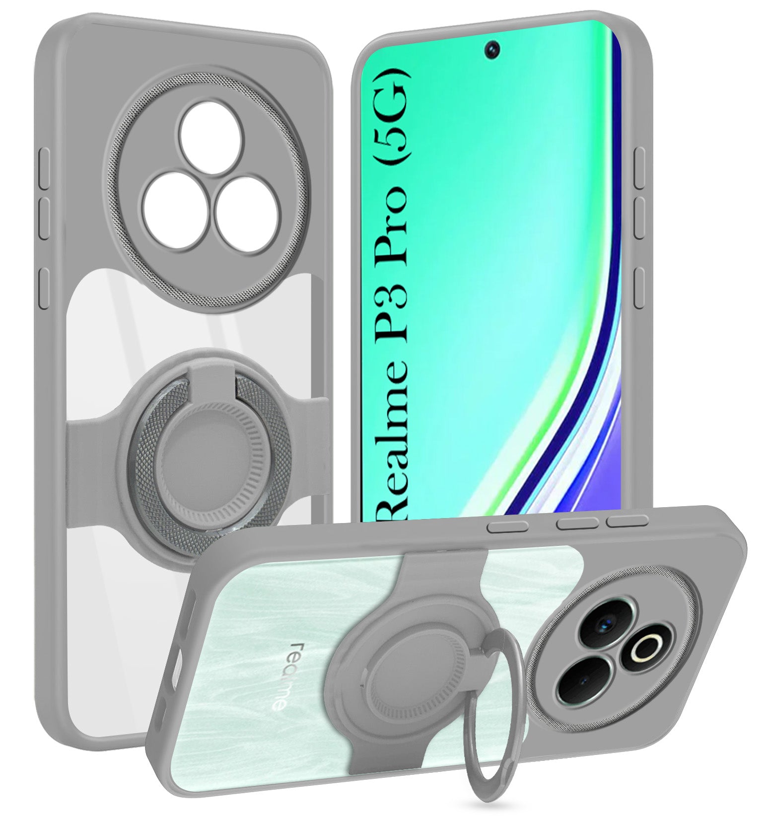 For Realme P3 Pro Back Cover Case with stand (Built-in Ring Holder Kickstand | Lifetime Anti Yellow | Camera Protection)