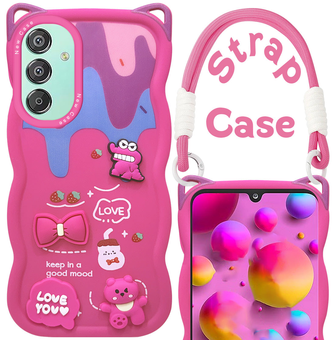For Samsung Galaxy F15 5G Back Case Cover Strap(3D embossed Figures | Strap Holder | 360* Soft Cushion with Camera Bump)