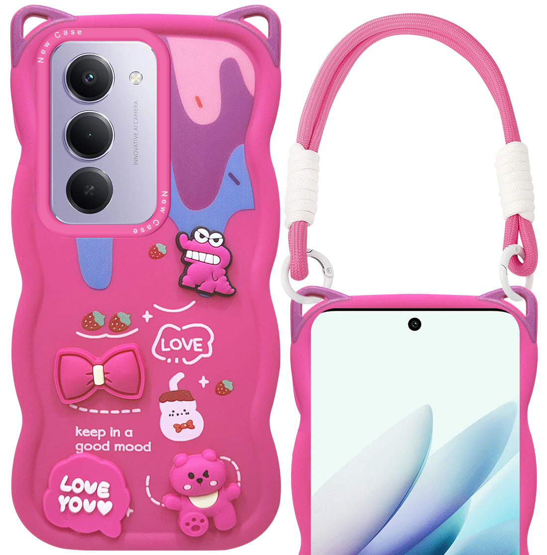 For Redmi 15 Back Case Cover Strap (3D Embossed Figures | Strap Holder | 360* Soft Cushion with Camera Bump)