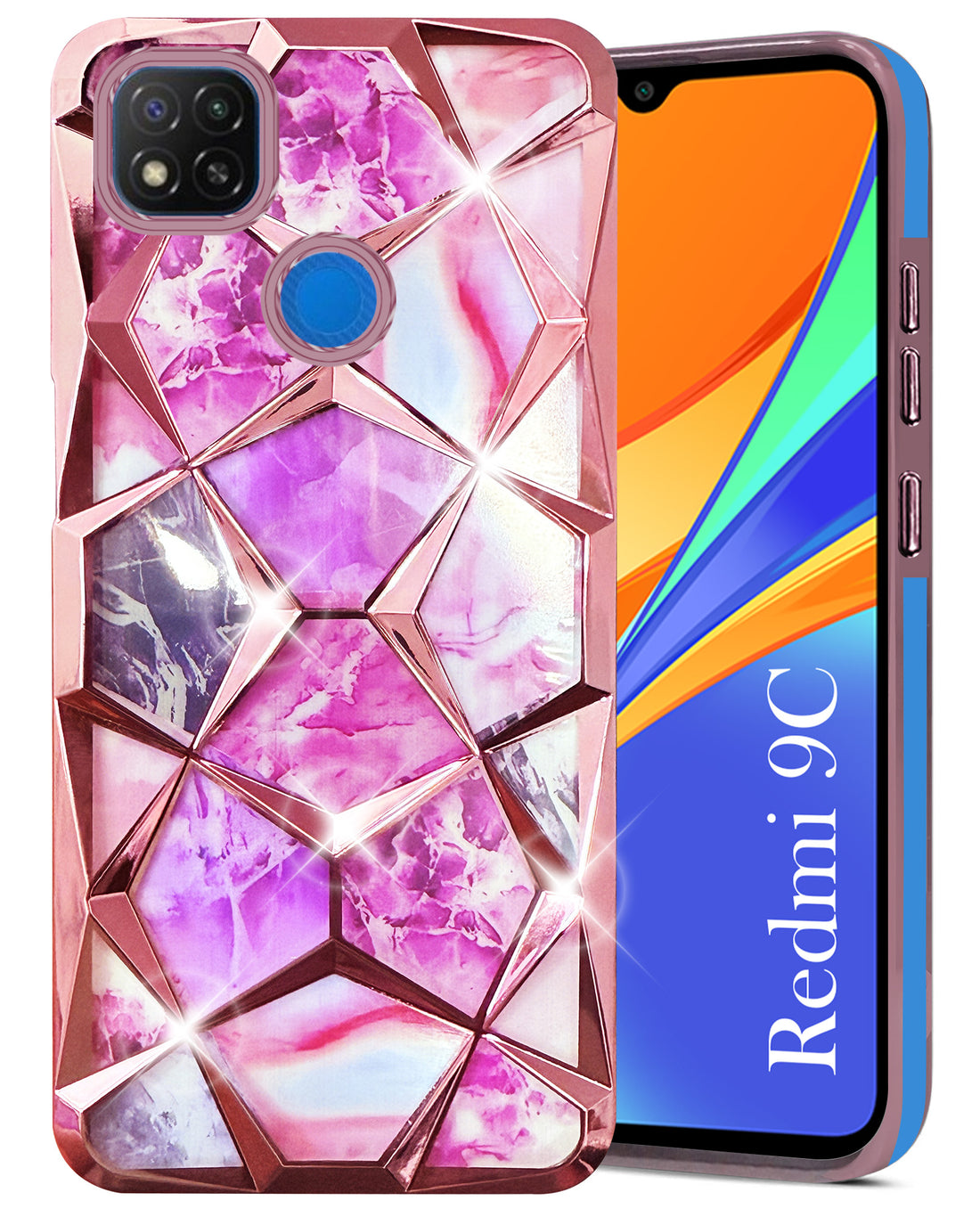 For Redmi 9C Back Cover Case (Dual Design Glitter Sparkle and Detachable Diamond Print Case | Soft and Flexible)