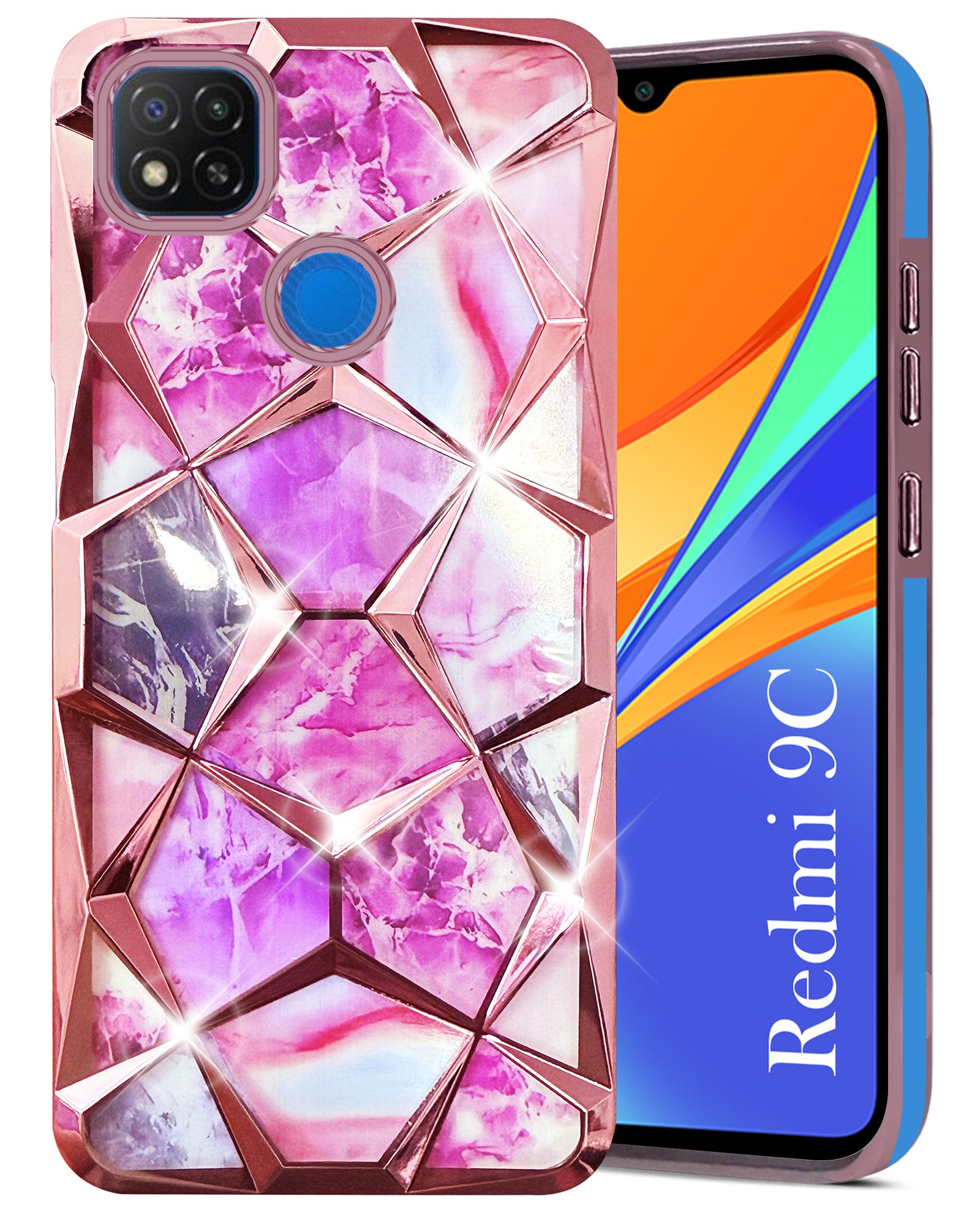 For Redmi 9C Back Cover Case (Dual Design Glitter Sparkle and Detachable Diamond Print Case | Soft and Flexible)