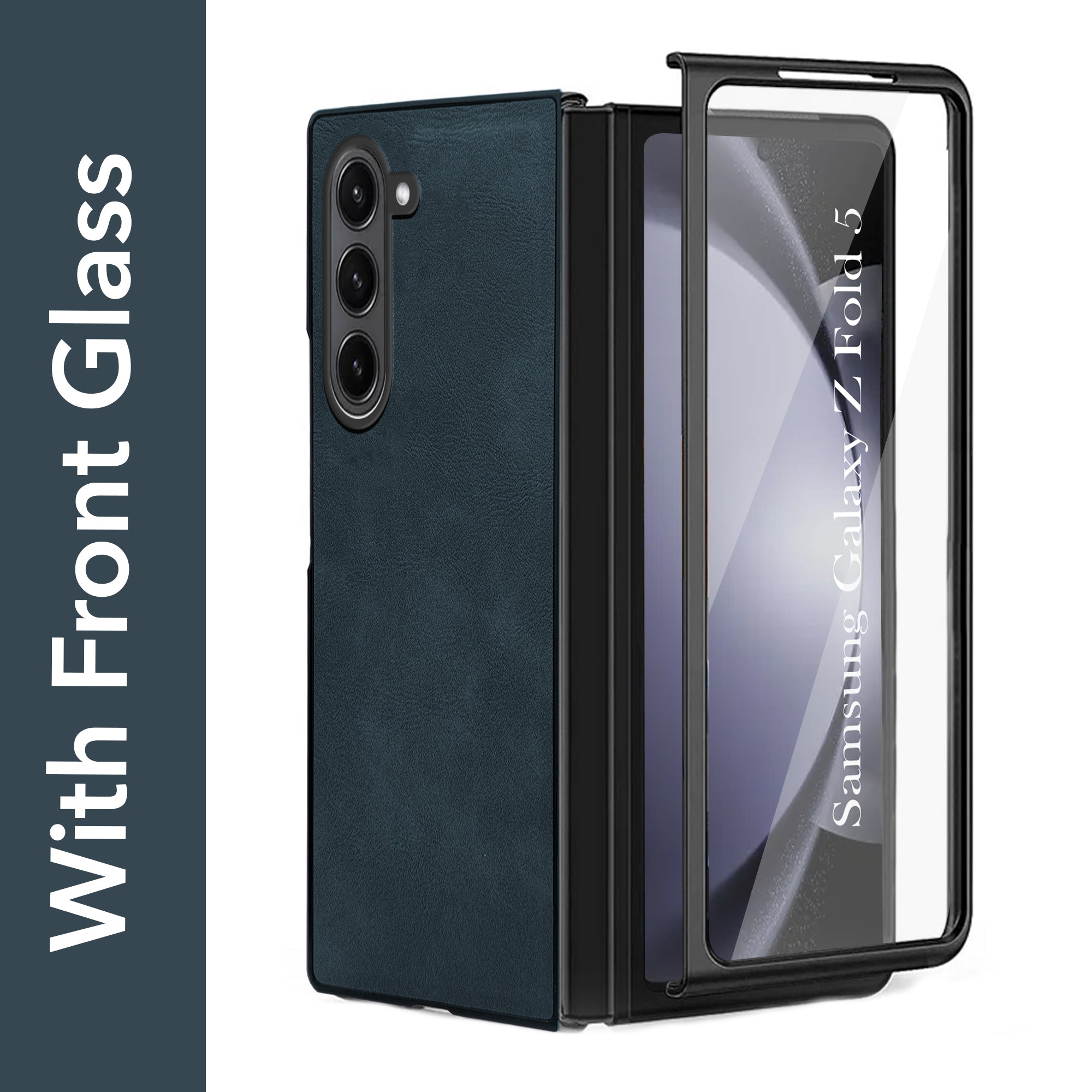 For Samsung Galaxy Z Fold 5 5G Back Cover Front Glass Leather (Full Body Case | Built-in Screen Protector | Inside Fiber Cloth | Minimalist Professional)