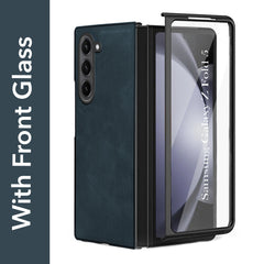For Samsung Galaxy Z Fold 5 5G Back Cover Front Glass Leather (Full Body Case | Built-in Screen Protector | Inside Fiber Cloth | Minimalist Professional)