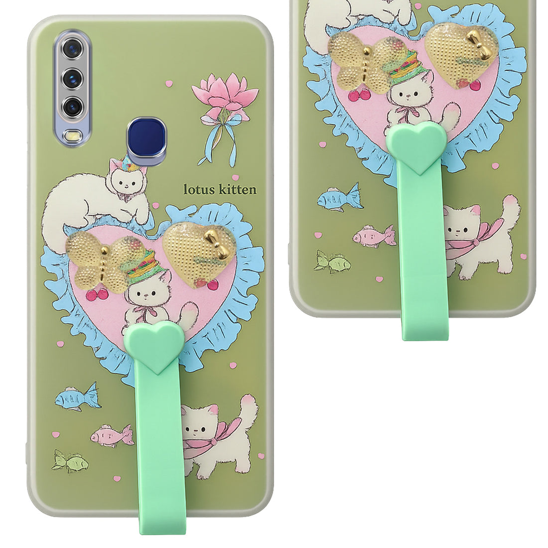 For Vivo Y12 | Y15 | Y17 Back Cover Case (3D Cute Heart Strap Holder | Camera Protection | Designer Girls Print)