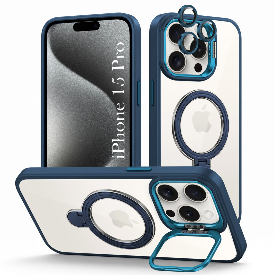 For Apple iPhone 15 Pro Back Cover Case Crystal (Lifetime Anti Yellow | Magnetic Ring Stand | Camera Lens Protection | MagSafe Compatible)