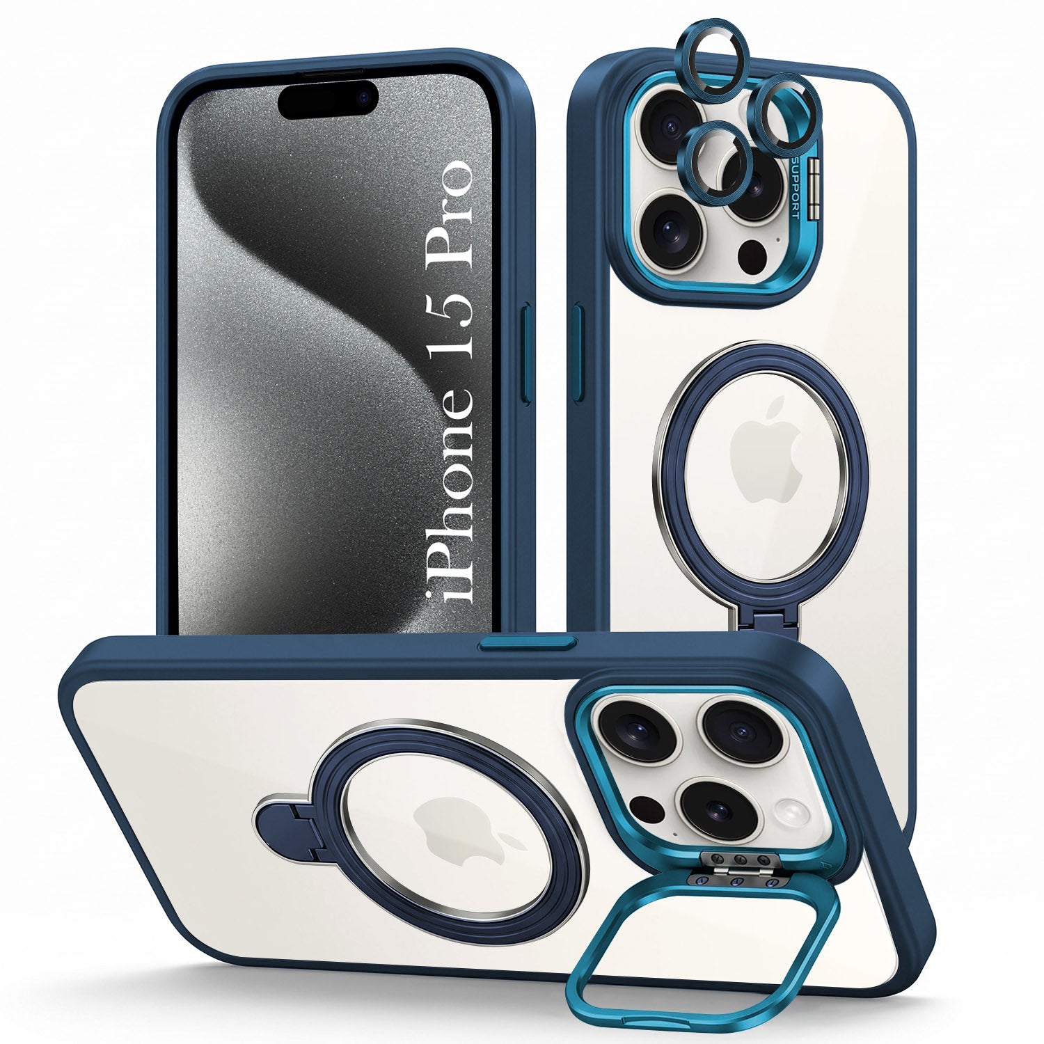 For Apple iPhone 15 Pro Back Cover Case Crystal (Lifetime Anti Yellow | Magnetic Ring Stand | Camera Lens Protection | MagSafe Compatible)