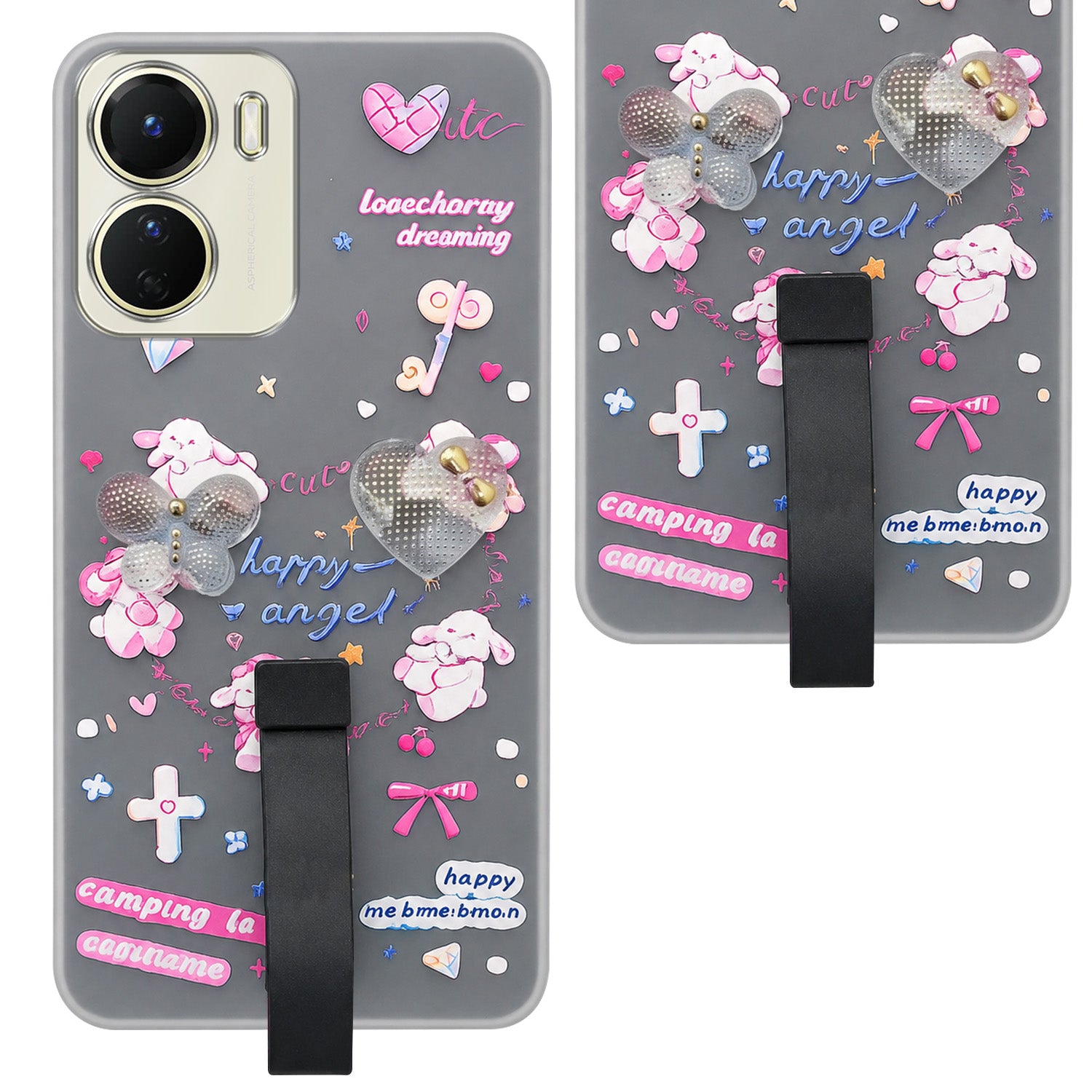 For Vivo Y16 Back Cover Case (3D Cute Heart Strap Holder | Camera Protection | Designer Girls Print)