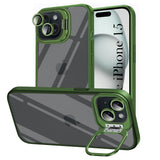 For Apple iPhone 15 Back Cover Case (Camera Lens Glass | Metal Stand Holder | Shockproof Hybrid | Anti Yellow |)