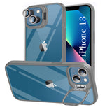 For Apple iPhone 13 Back Cover Case (Camera Lens Glass | Metal Stand Holder | Shockproof Hybrid | Anti Yellow)