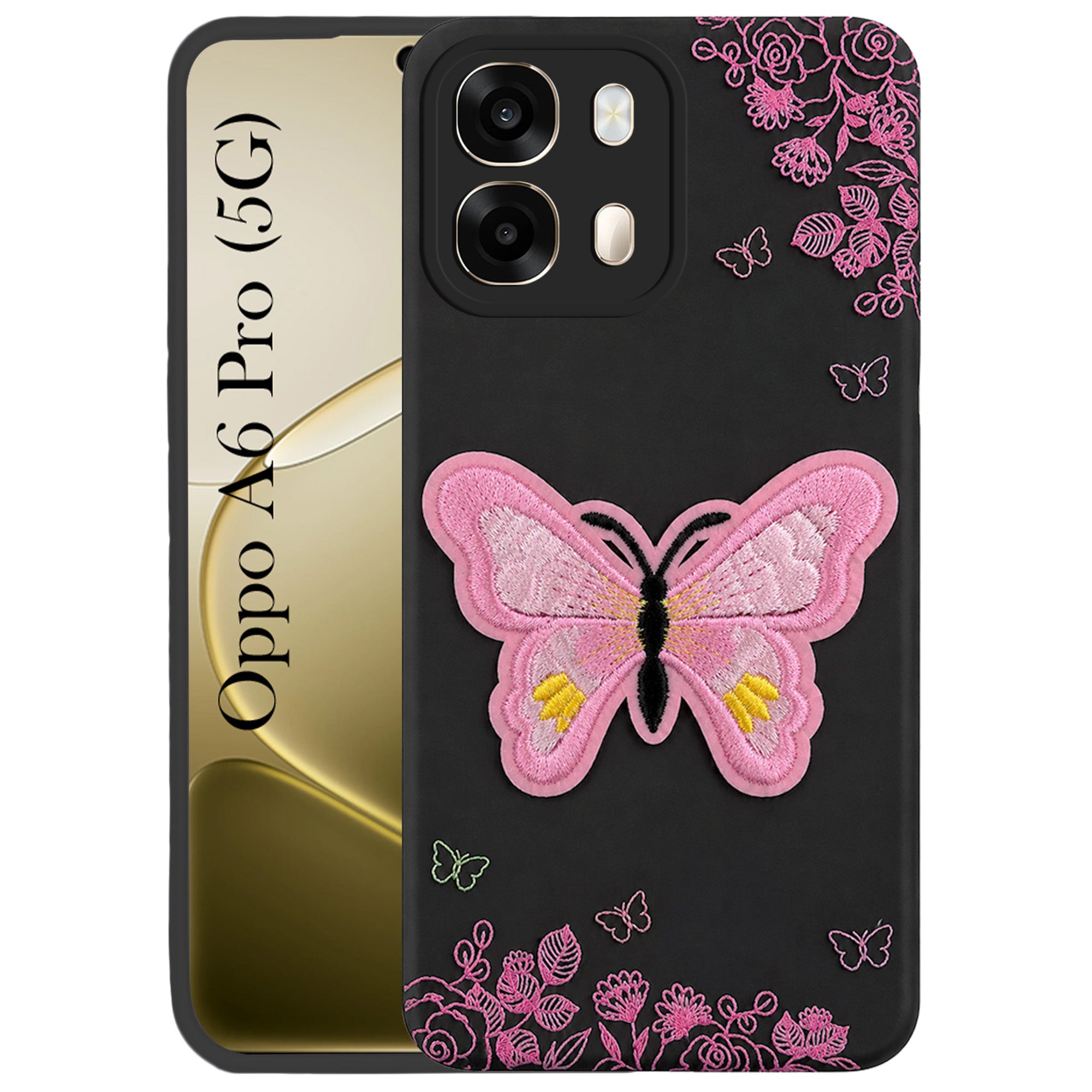 For Oppo A6 Pro Back Cover Case (Soft Butterfly Embroidery | Women Teen Girls | Camera Protection| Matte Silicone)