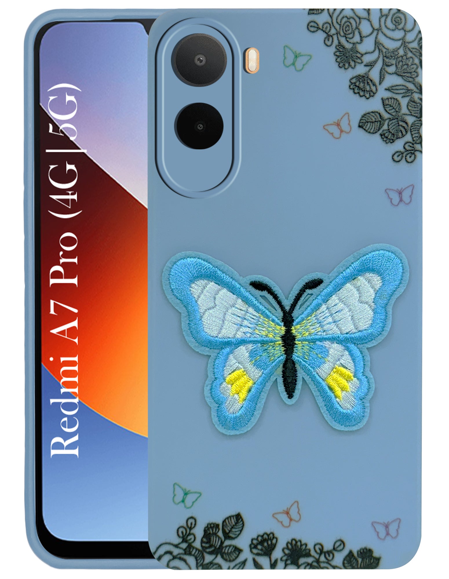 For Redmi A7 Pro 5G Back Cover Case (Soft Butterfly Embroidery | Women Teen Girls | Camera Protection| Matte Silicone)
