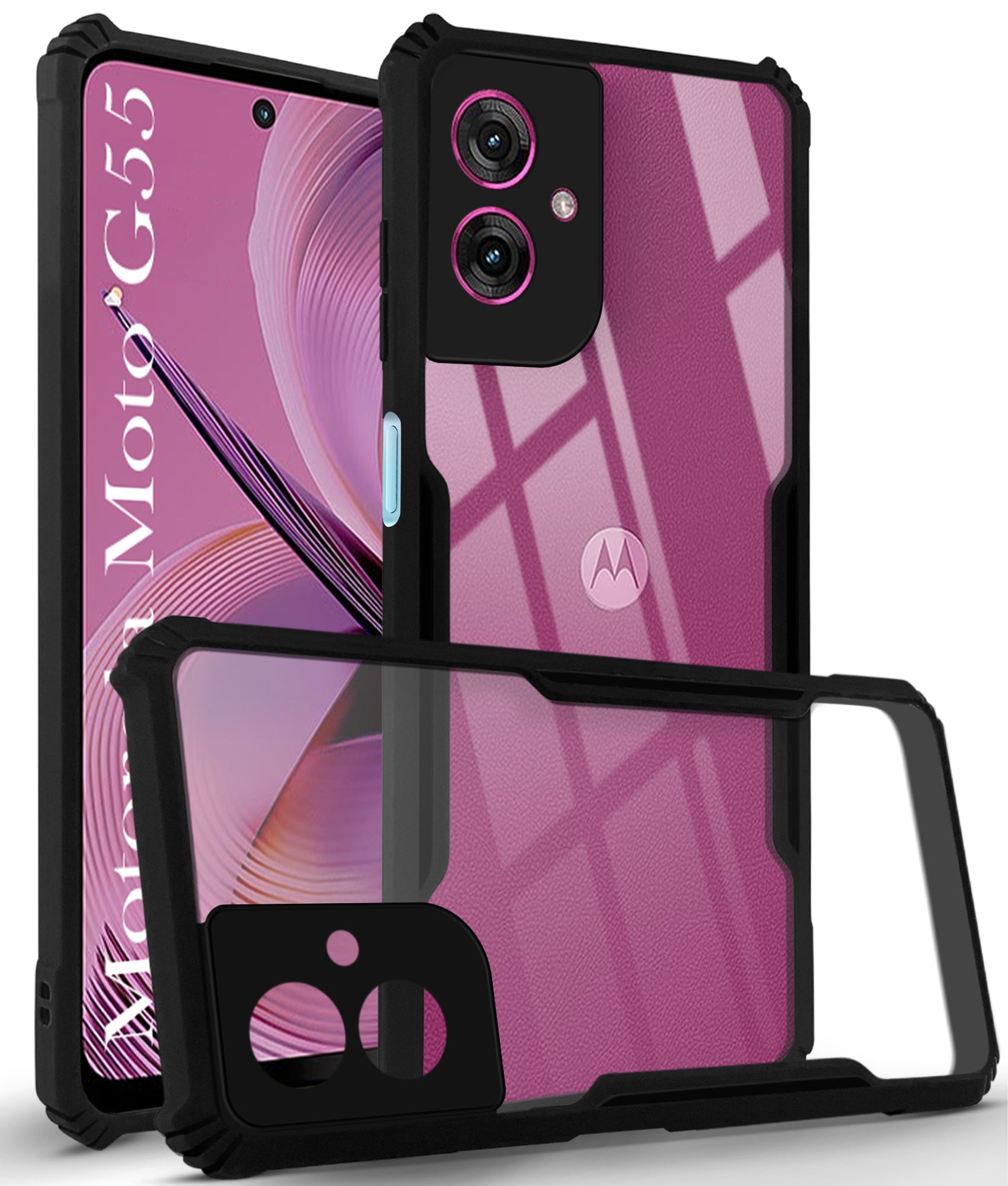 For Motorola Moto G55 Back Cover Case ( Shockproof with Polycarbonate Clear Panel | Professional Black)