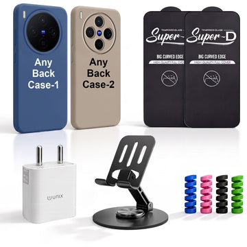 Complete Mobile Care Kit (Get Any 2 Cases+2 Tempered Glass+25W Charger Adapter+Metallic Mobile Stand+Cable Protector)