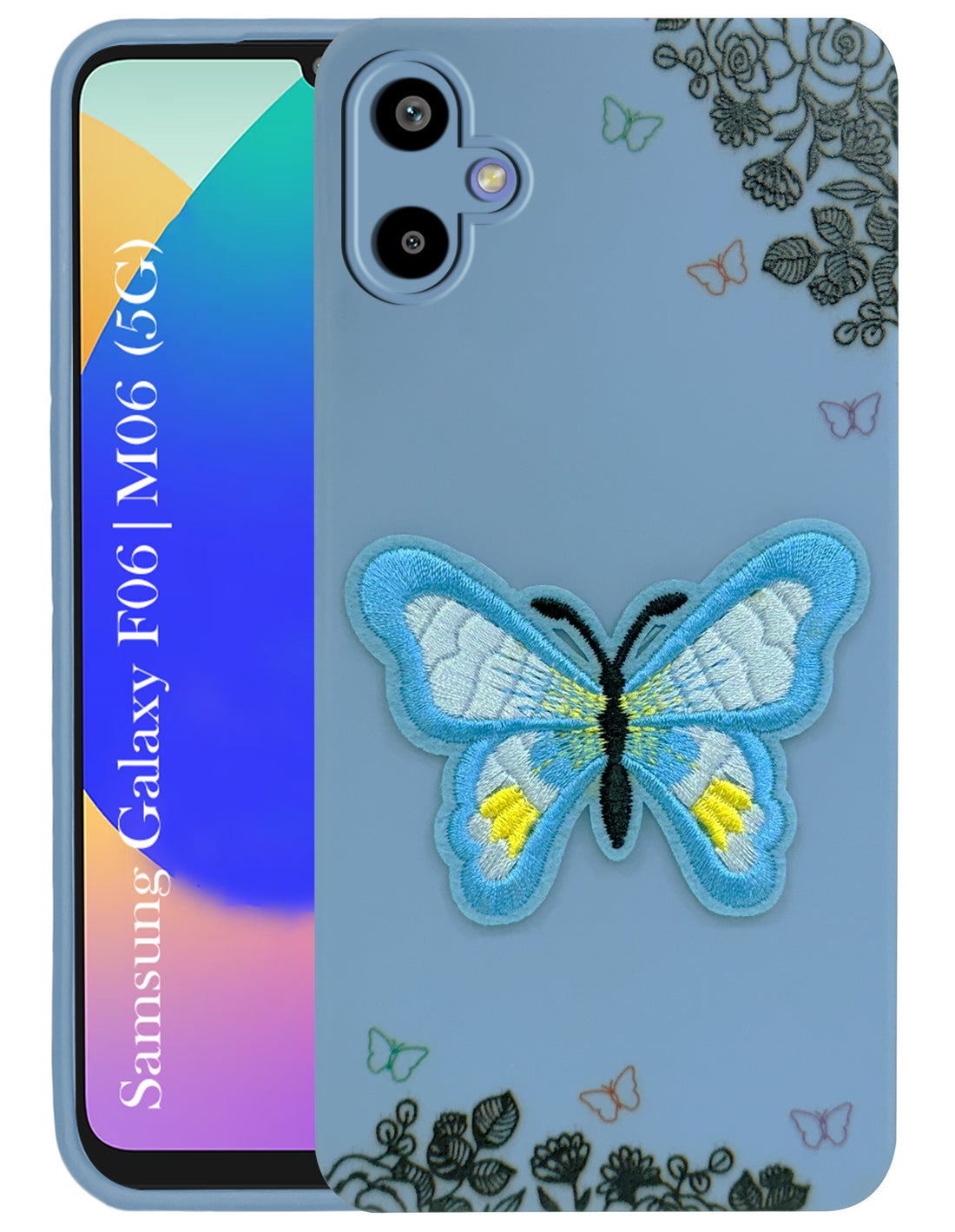 For Samsung Galaxy F06 | Samsung Galaxy M06 Back Cover Case (Soft Butterfly Embroidery | Women Teen Girls | Camera Protection| Matte Silicone)