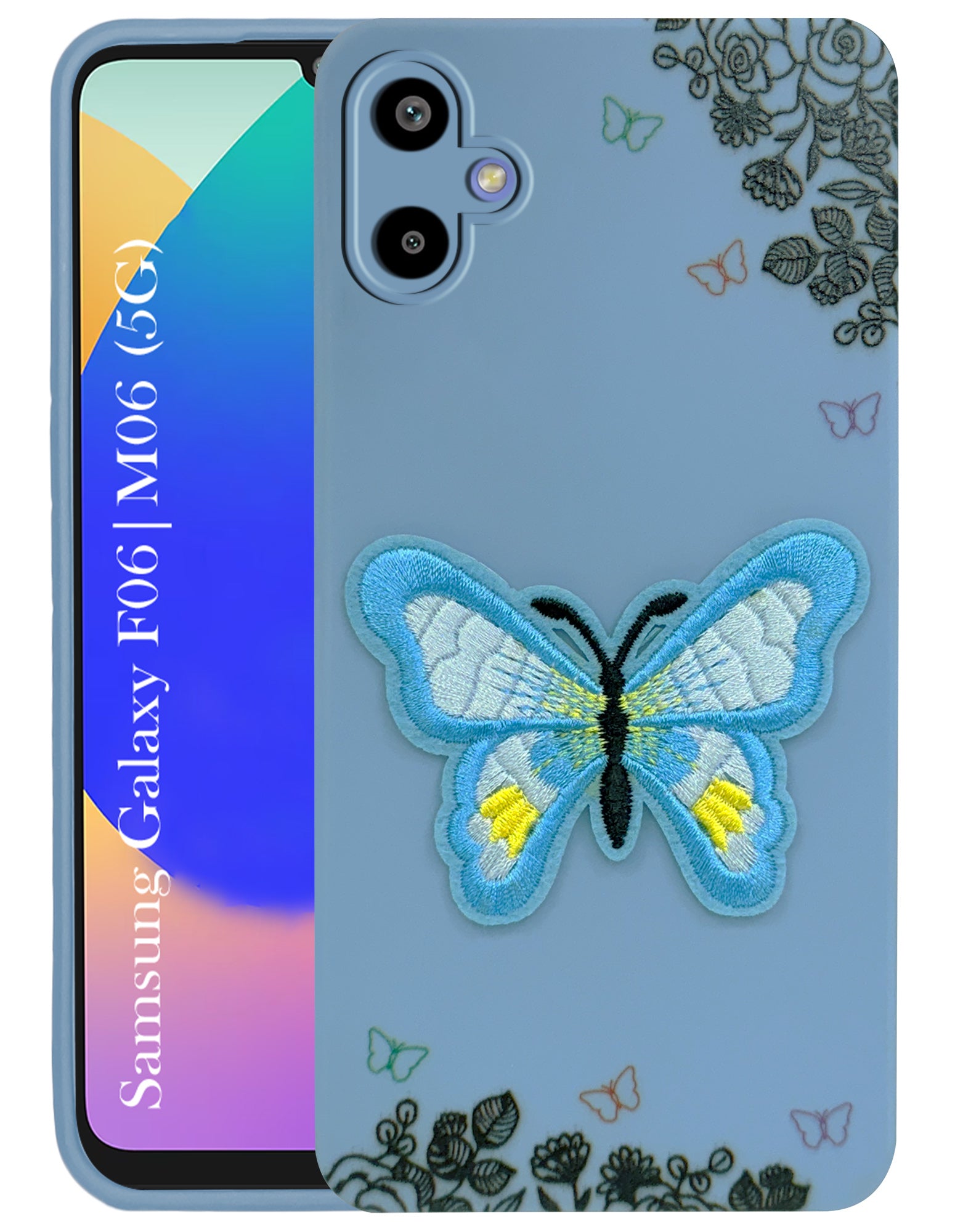 For Samsung Galaxy F06 | Samsung Galaxy M06 Back Cover Case (Soft Butterfly Embroidery | Women Teen Girls | Camera Protection| Matte Silicone)