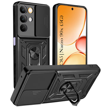 For Realme C85 5G | Realme Narzo 90x Back Cover Case Hybrid Armor (Sliding Shutter Camera Protection | Polycarbonate |Ring Holder Kickstand)