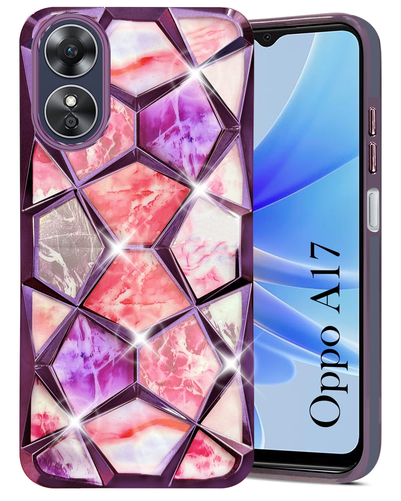 For Oppo A17 Back Cover Case Compatible 3D Silicone (Dual Design Glitter Sparkle and Detachable Diamond Print Case | Soft and Flexible)
