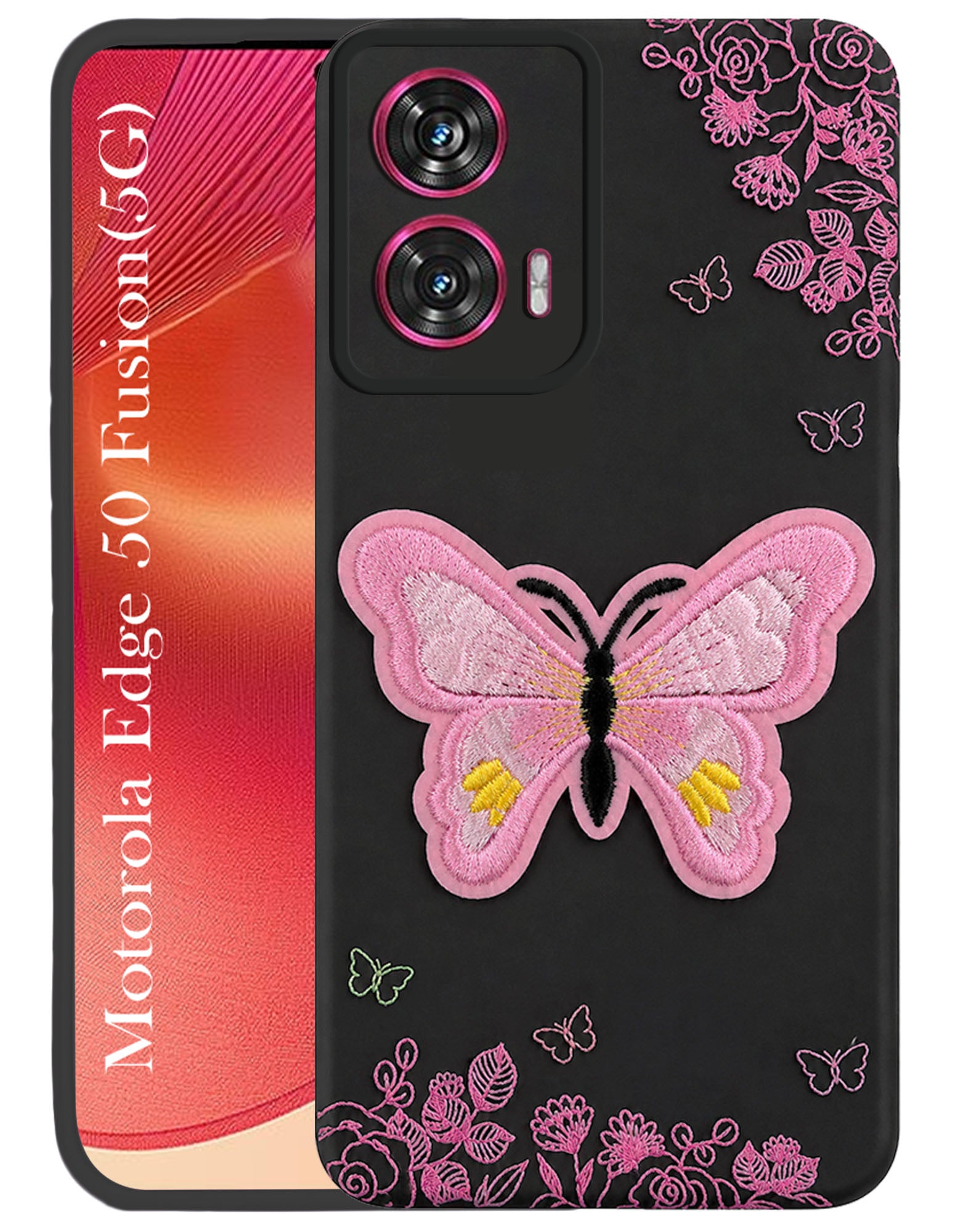 For Motorola Moto Edge 50 Fusion Back Cover Case (Soft Butterfly Embroidery | Women Teen Girls | Camera Protection| Matte Silicone)