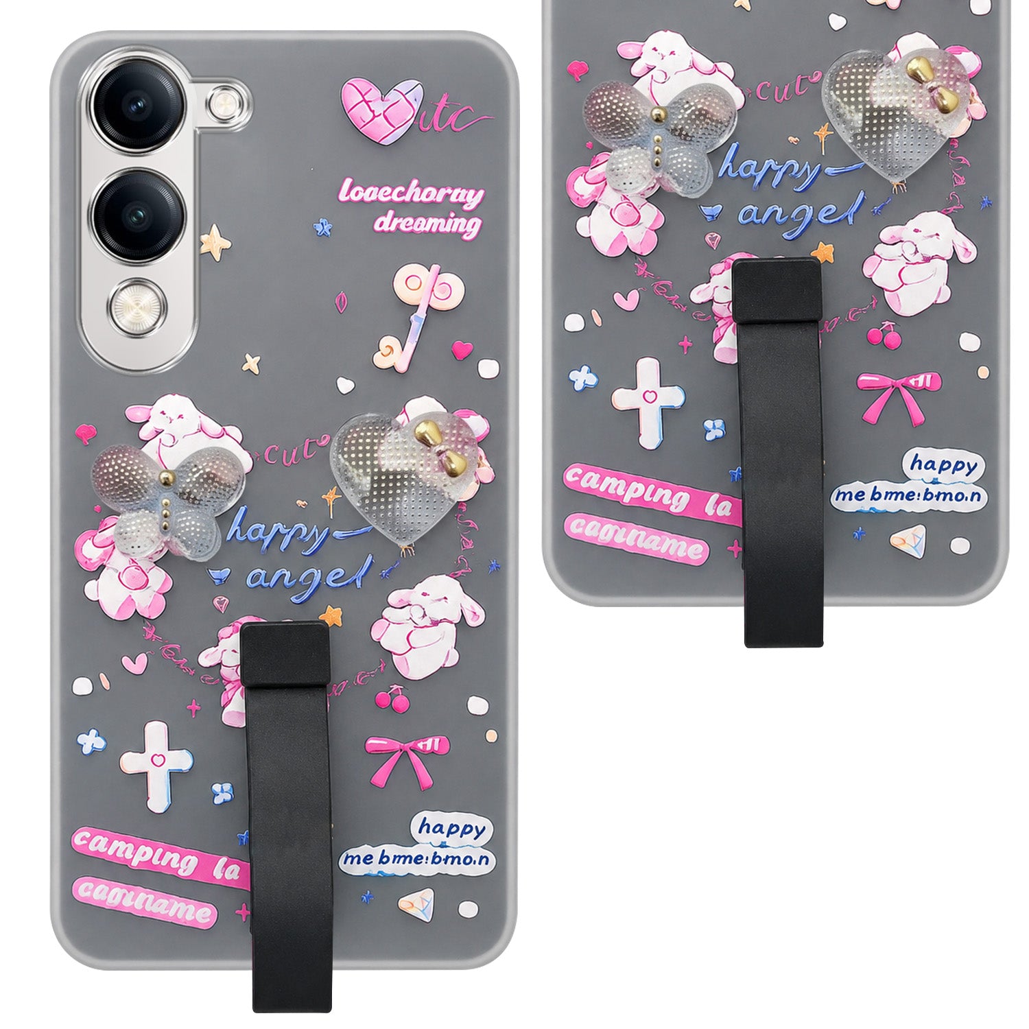 For Vivo Y19 | Vivo Y19e | Vivo T4 Lite Back Cover Case (3D Cute Heart Strap Holder | Camera Protection | Designer Girls Print)