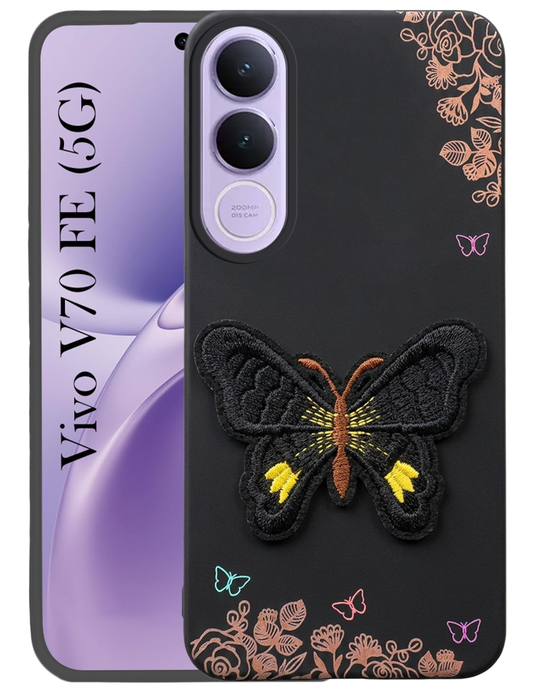 For Vivo V70 FE 5G Back Cover Case (Soft Butterfly Embroidery | Women Teen Girls | Camera Protection| Matte Silicone)