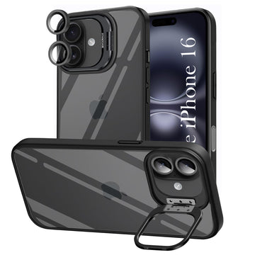 For Apple iPhone 16 Back Cover Case (Camera Lens Glass | Metal Stand Holder | Shockproof Hybrid | Anti Yellow)