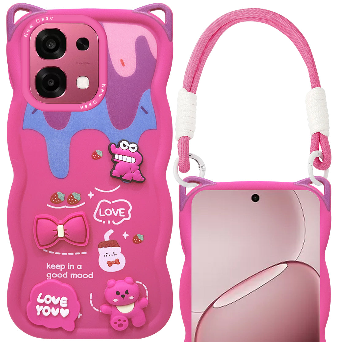 For Oppo F31 5G | Oppo F33 5G Back Case Cover Strap (3D embossed Figures | Strap Holder | 360* Soft Cushion with Camera Bump)