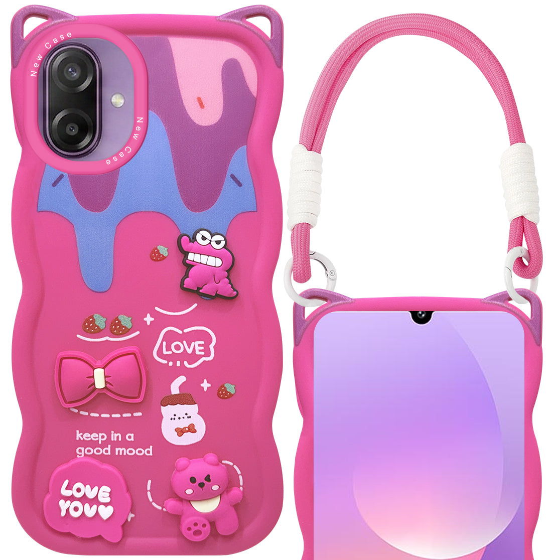 For Samsung Galaxy M17e Back Cover Case Strap (3D Embossed Figures | Strap Holder | 360* Soft Cushion with Camera Bump)