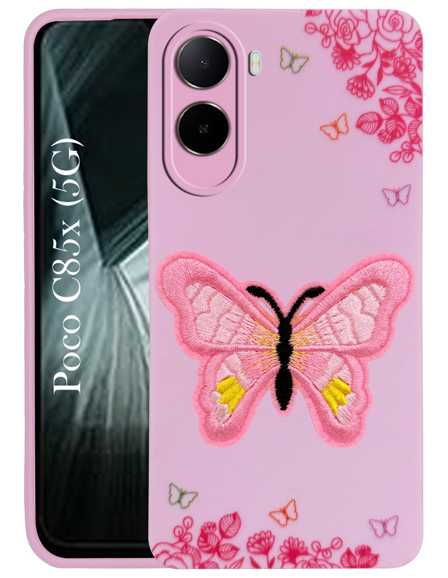 For Poco C85x 5G Back Cover Case (Soft Butterfly Embroidery | Women Teen Girls | Camera Protection| Matte Silicone)